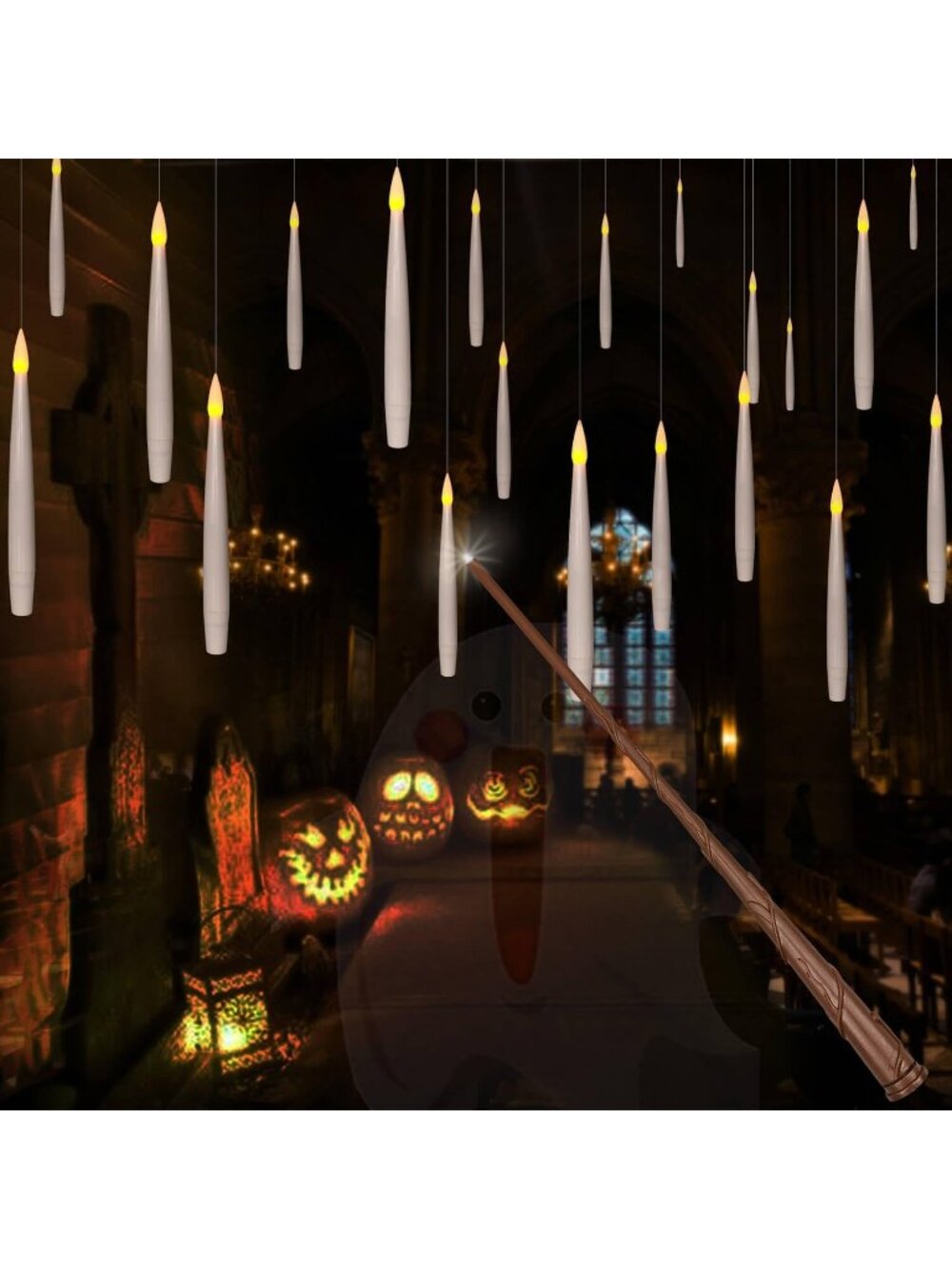 New 20Pcs Flameless Taper Floating Candles with Wand, Halloween Decor